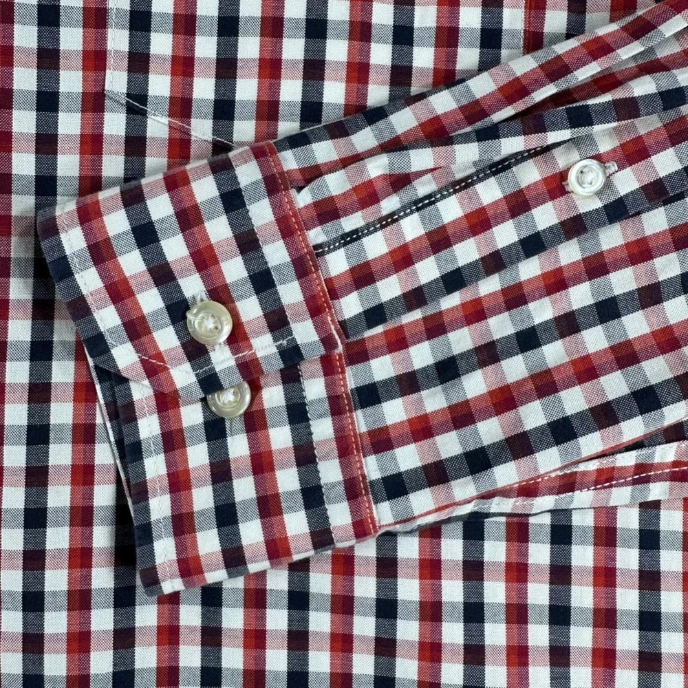Banana Republic Button Down Mens M Medium Red Gingham Grant Fit Stretch Oxford